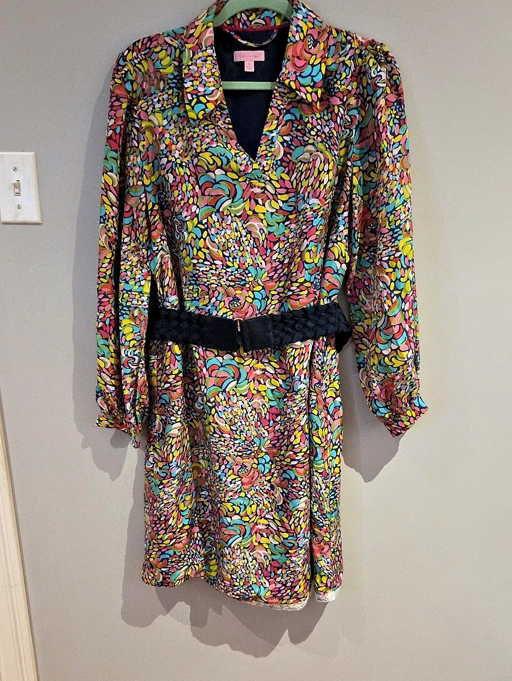 Lilly Pulitzer Abstract Print Belted Midi Dress In 100% Silk Size 14 Like New